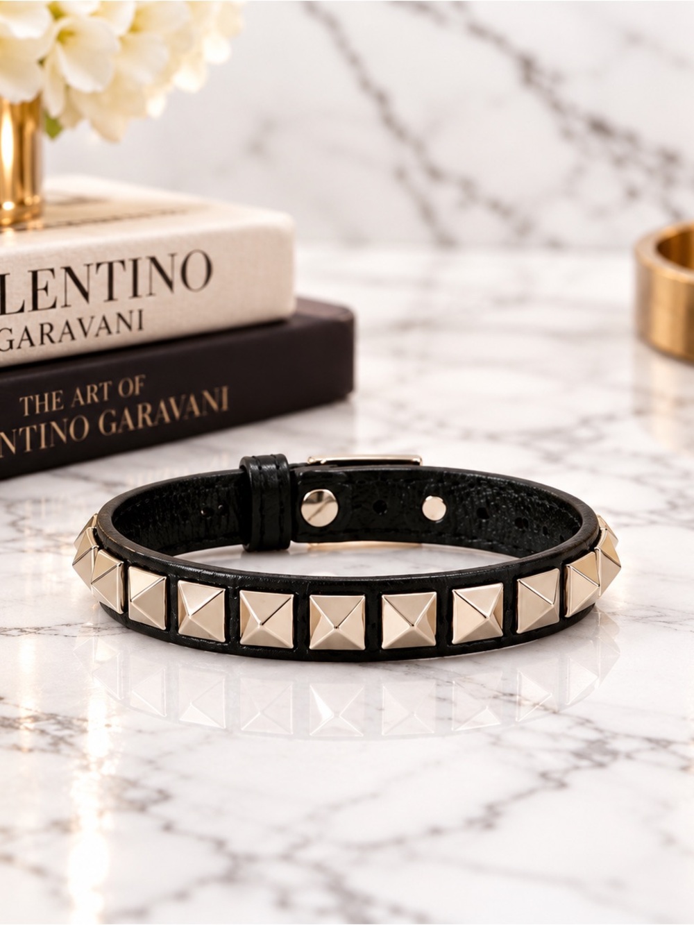 Valentino Garavani Rockstud Black Leather Bracelet Silver Adjustable 5.5–6.5”